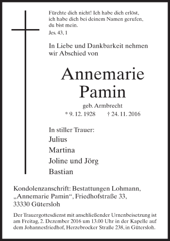 Traueranzeige von Annemarie Pamin von Neue Westfälische