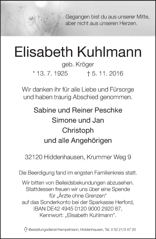  Traueranzeige für Elisabeth Kuhlmann vom 12.11.2016 aus Neue Westfälische