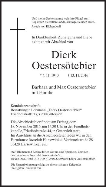 Traueranzeige von Dierk Oestersötebier von Neue Westfälische