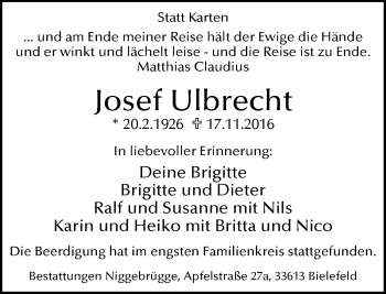 Traueranzeige von Josef Ulbrecht von Neue Westfälische