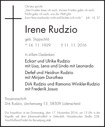 Traueranzeige von Irene Rudzio von Neue Westfälische