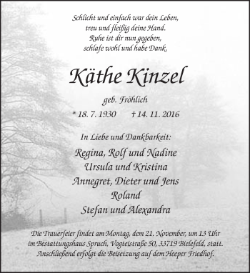 Traueranzeige von Käthe Kinzel von Neue Westfälische