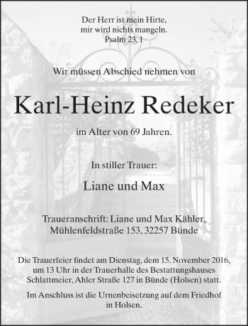 Traueranzeige von Karl-Heinz Redeker von Neue Westfälische