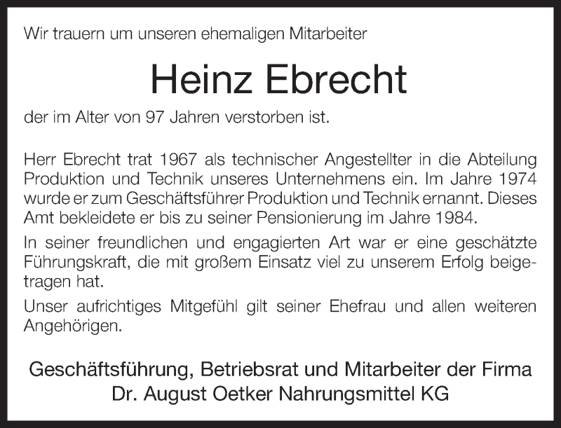  Traueranzeige für Heinz Ebrecht vom 17.11.2016 aus Neue Westfälische