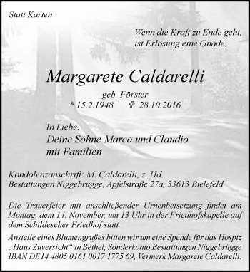 Traueranzeige von Margarete Caldarelli von Neue Westfälische