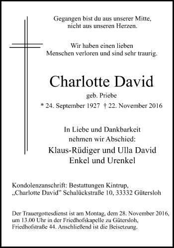 Traueranzeige von Charlotte David von Neue Westfälische