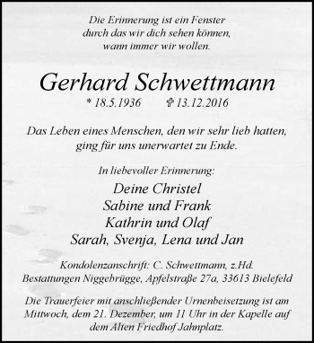 Traueranzeige von Gerhard Schwettmann von Neue Westfälische