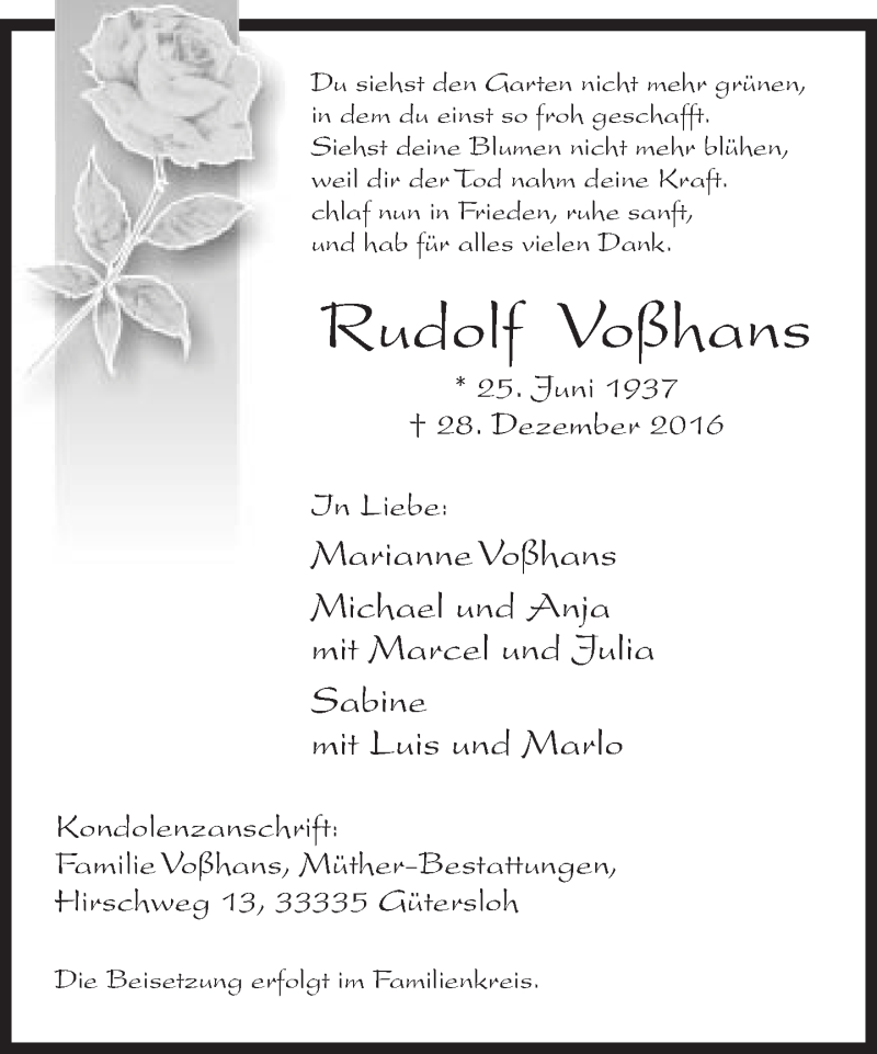  Traueranzeige für Rudolf Voßhans vom 31.12.2016 aus Neue Westfälische