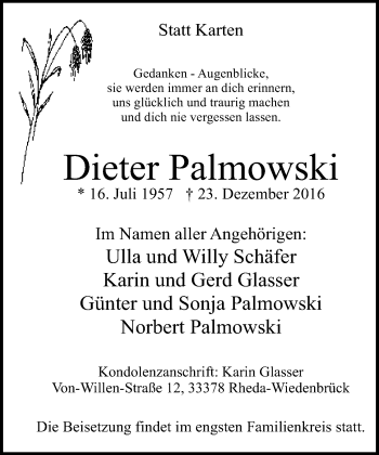 Traueranzeige von Dieter Palmowski von Neue Westfälische