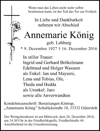 Traueranzeige von Annemarie König von Neue Westfälische
