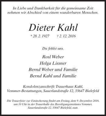 Traueranzeige von Dieter Kahl von Neue Westfälische
