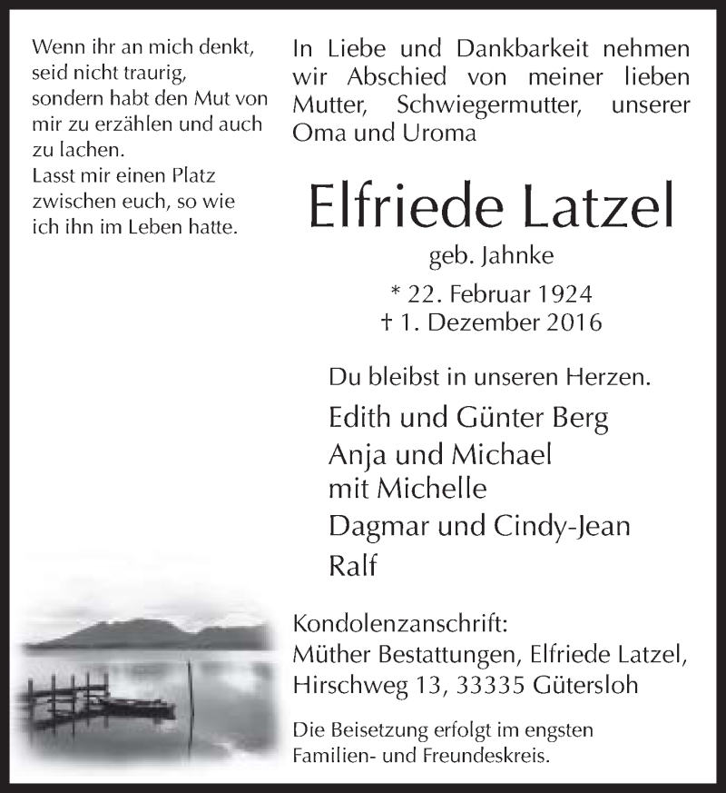  Traueranzeige für Elfriede Latzel vom 03.12.2016 aus Neue Westfälische