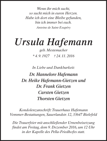 Traueranzeige von Ursula Hafemann von Neue Westfälische