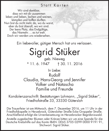 Traueranzeige von Sigrid Stüker von Neue Westfälische