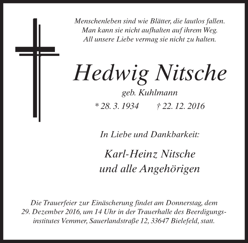  Traueranzeige für Hedwig Nitsche vom 24.12.2016 aus Neue Westfälische