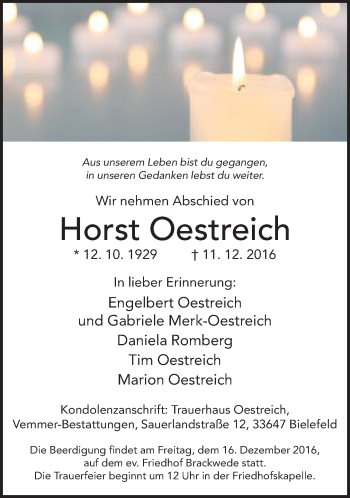 Traueranzeige von Horst Oestreich von Neue Westfälische