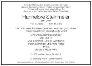 Traueranzeige von Hannelore Steinmeier von Neue Westfälische