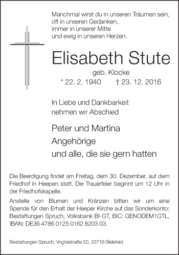 Traueranzeige von Elisabeth Stute von Neue Westfälische