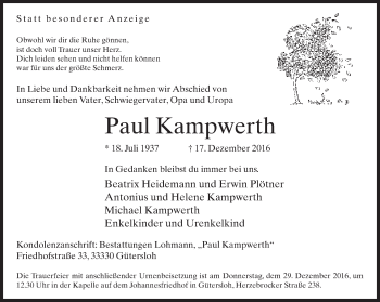 Traueranzeige von Paul Kampwerth von Neue Westfälische