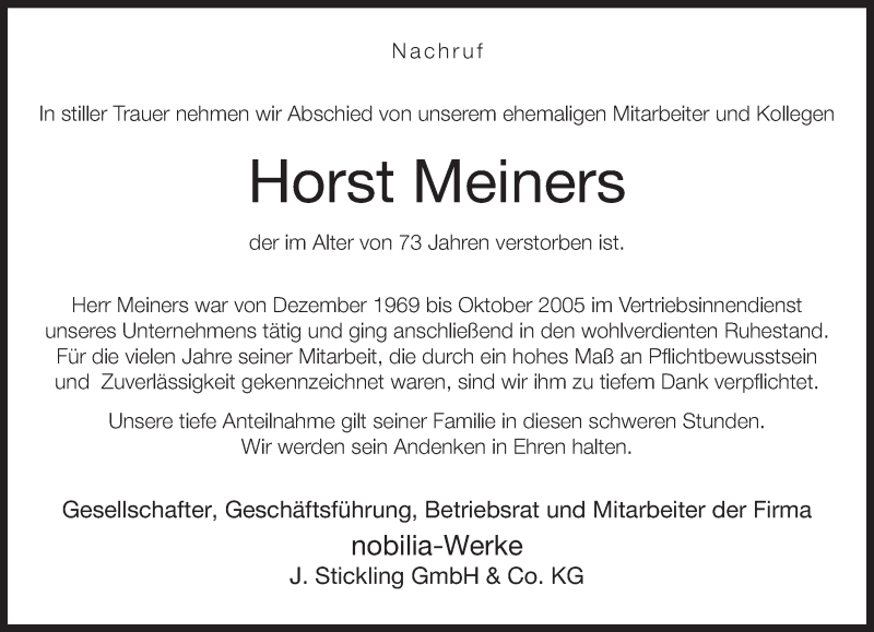  Traueranzeige für Horst Meiners vom 03.12.2016 aus Neue Westfälische