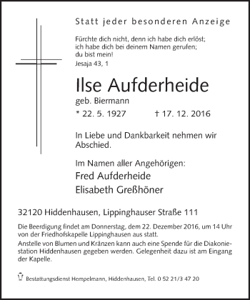 Traueranzeige von Ilse Aufderheide von Neue Westfälische