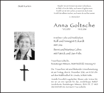 Traueranzeige von Anna Goltsche von Neue Westfälische