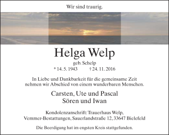Traueranzeige von Helga Welp von Neue Westfälische