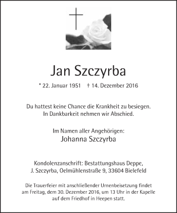 Traueranzeige von Jan Szczyrba von Neue Westfälische