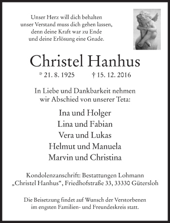 Traueranzeige von Christel Hanhus von Neue Westfälische
