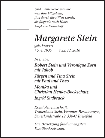 Traueranzeige von Margarete Stein von Neue Westfälische
