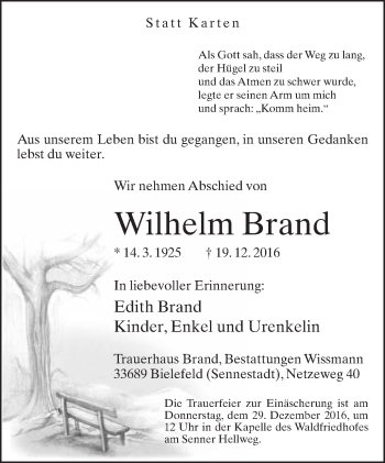 Traueranzeige von Wilhelm Brand von Neue Westfälische