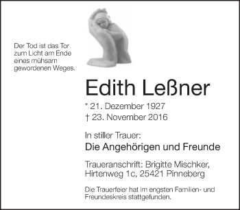 Traueranzeige von Edith Leßner von Neue Westfälische