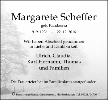 Traueranzeige von Margarete Scheffer von Neue Westfälische