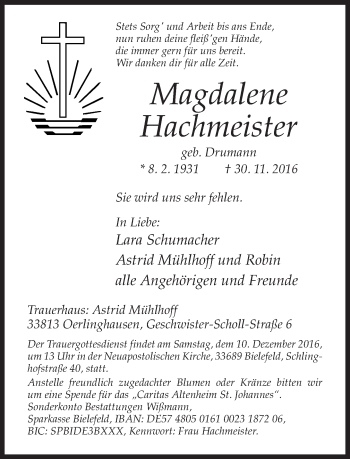 Traueranzeige von Magdalene Hachmeister von Neue Westfälische