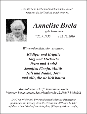 Traueranzeige von Annelise Brela von Neue Westfälische