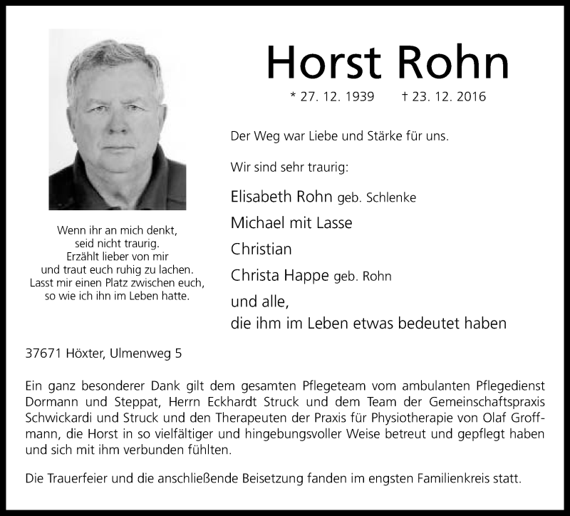 Traueranzeige für Horst Rohn vom 31.12.2016 aus Neue Westfälische