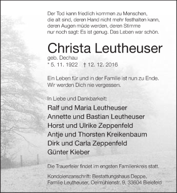 Traueranzeige von Christa Leutheuser von Neue Westfälische