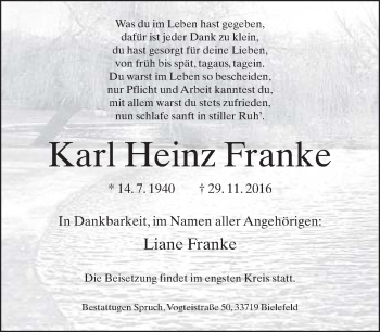 Traueranzeige von Karl Heinz Franke von Neue Westfälische