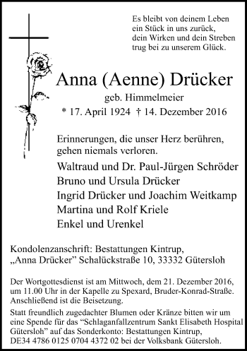 Traueranzeige von Anna Drücker von Neue Westfälische