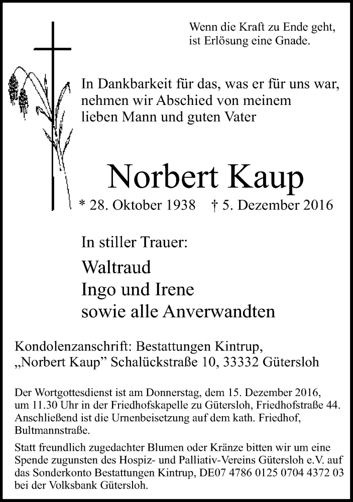  Traueranzeige für Norbert Kaup vom 08.12.2016 aus Neue Westfälische