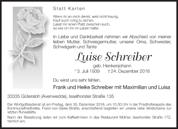 Traueranzeige von Luise Schreiber von Neue Westfälische