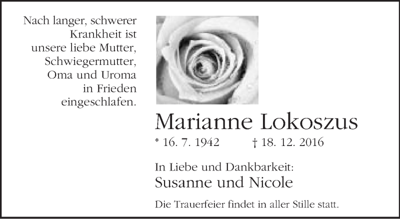  Traueranzeige für Marianne Lokoszus vom 24.12.2016 aus Neue Westfälische