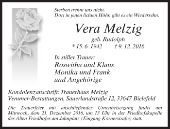 Traueranzeige von Vera Melzig von Neue Westfälische