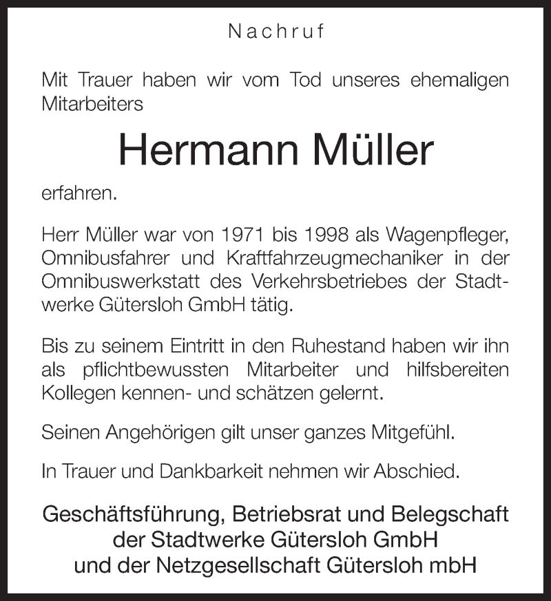  Traueranzeige für Hermann Müller vom 10.12.2016 aus Neue Westfälische