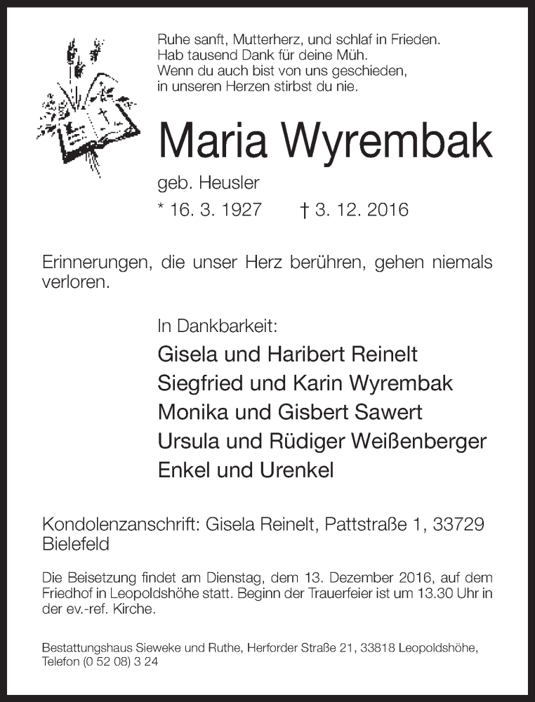  Traueranzeige für Maria Wyrembak vom 10.12.2016 aus Neue Westfälische