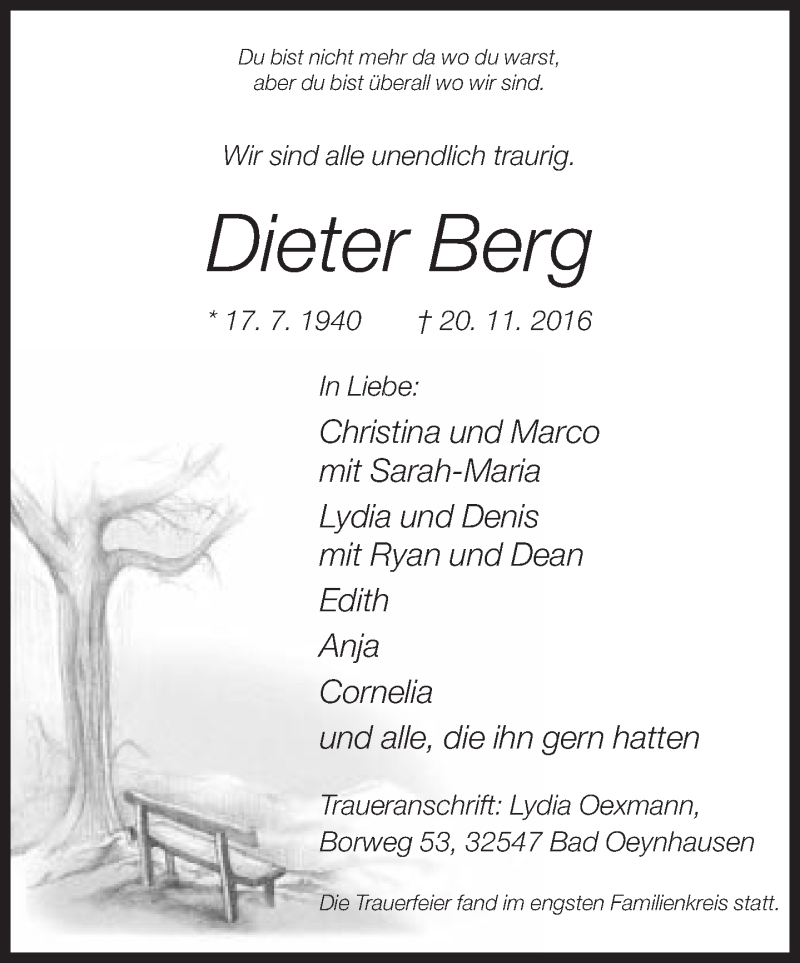  Traueranzeige für Dieter Berg vom 03.12.2016 aus Neue Westfälische