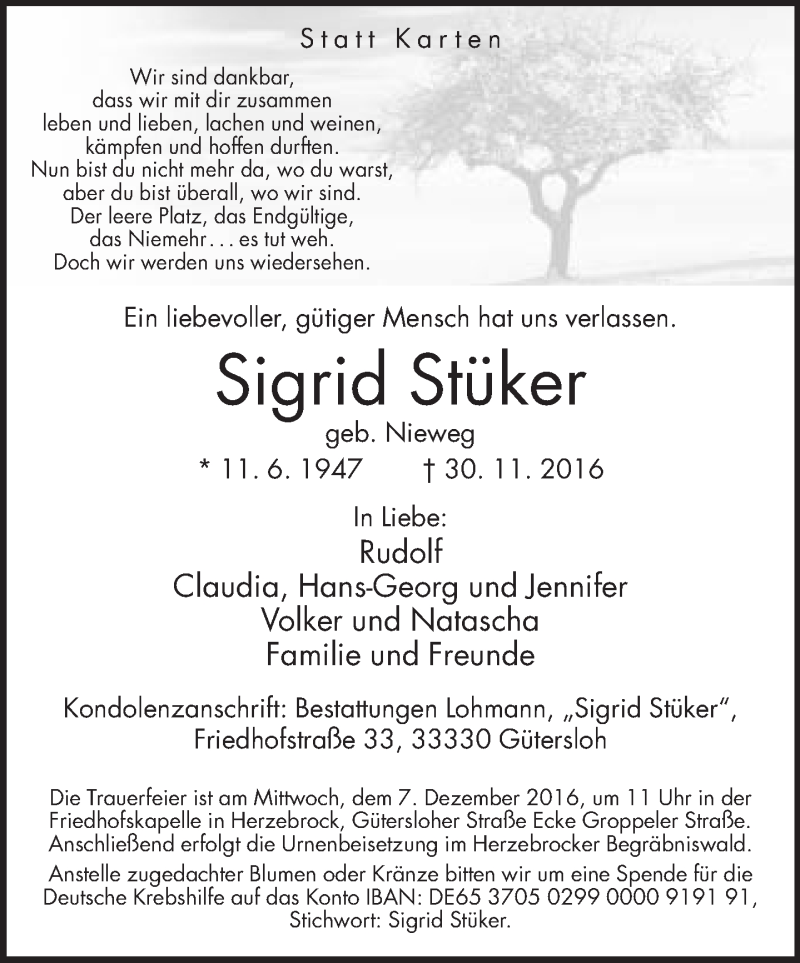  Traueranzeige für Sigrid Stüker vom 03.12.2016 aus Neue Westfälische