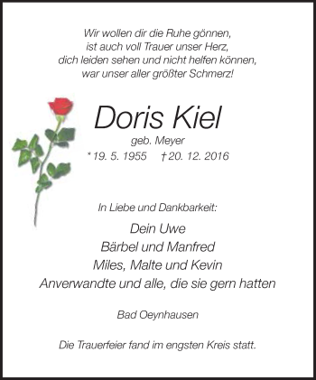 Traueranzeige von Doris Kiel von Neue Westfälische