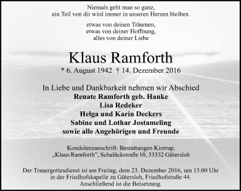 Traueranzeige von Klaus Ramfort von Neue Westfälische