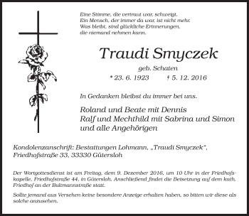 Traueranzeige von Traudi Smyczek von Neue Westfälische